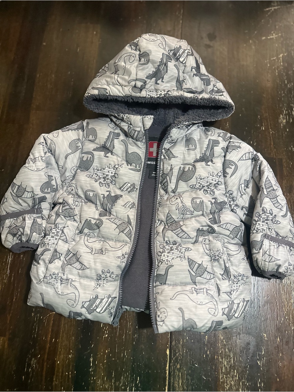 Toddler Gray Dinosaur Hooded Puffer Jacket